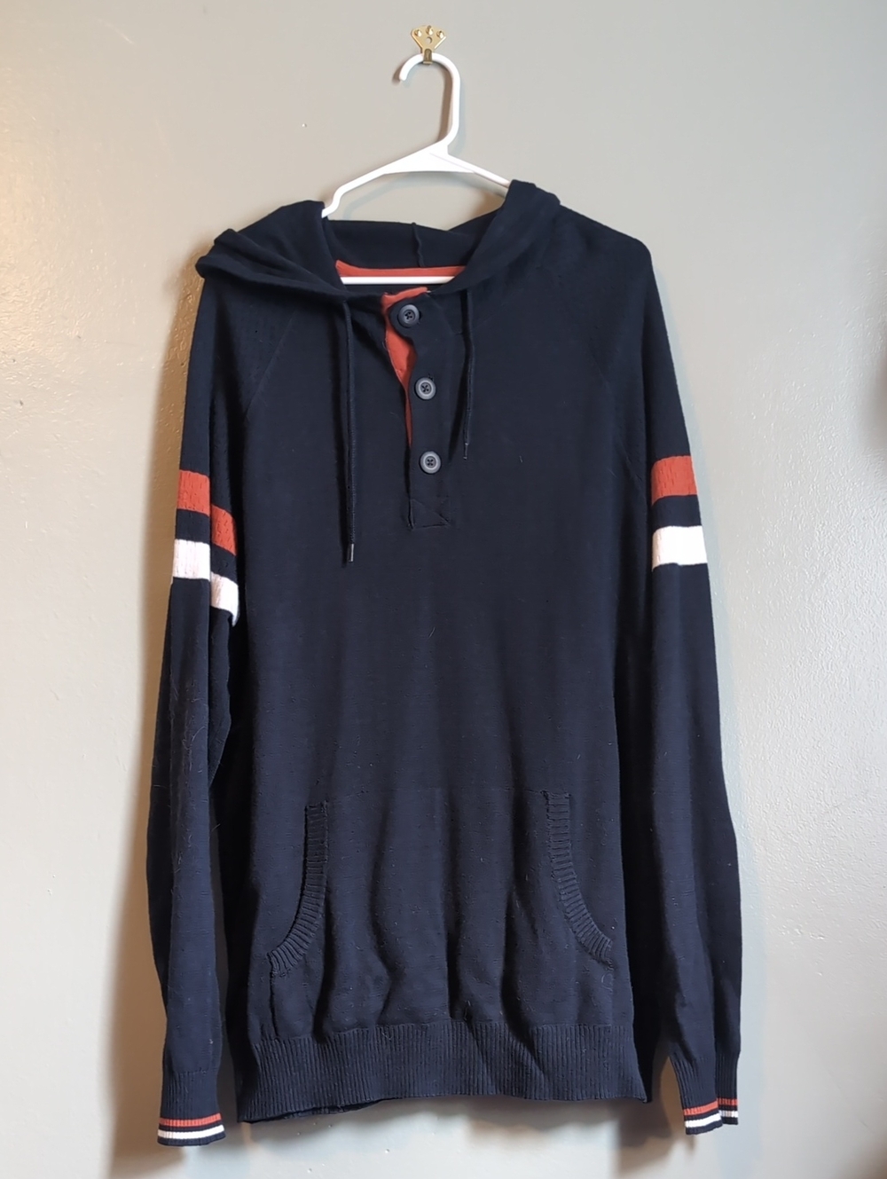 Men's Navy Hooded Pullover with Orange & White Stripe Detail